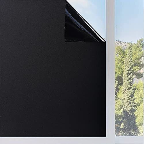 Funfox Fensterfolie Schwarz Verdunkelungsfolie Blickdicht Fenster Sonnenschutz Milchglasfolie Selbstklebend Anti-UV Statische Folie Milchglas für Badzimmer Schwarz 90 x 200cm