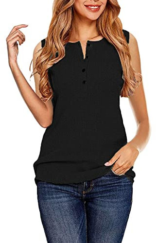 Damen Waffelstrick Tank Tops Ärmellos Button Down V Ausschnitt Trendy Bluse Casual Sommer Slim Basic Henley Shirts, Schwarz , X-Large