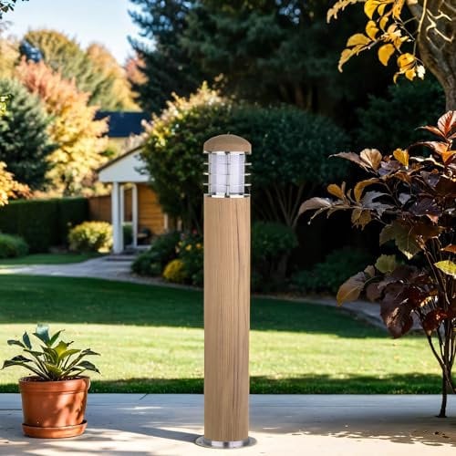 Licht-Erlebnisse Pollerleuchte Edelstahl Holz 67 cm Skandinavisch IP55 E27 Wegeleuchte Außenlampe Terrasse Garten Weg