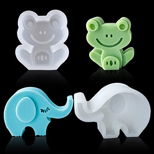 HyzaPhix 2 moldes de resina 3D para velas de animales, moldes epoxi de rana, molde de elefante de silicona para manualidades, fabricación de velas de jabón hecho a mano