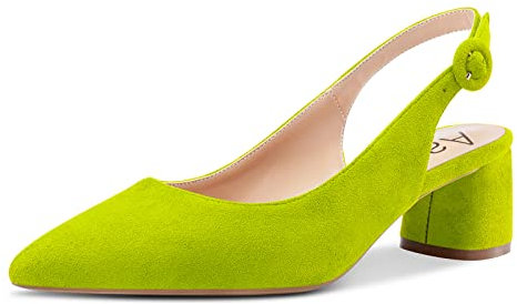 Aachcol Mujer Slingback Pumps Chunky Ancho Medio Bajos Heel Puntiaguada Punta Correa Tobillo de Boda Oficina Fiesta Dress Zapatos Cute 5 CM Verde Lima Ante 42 EU