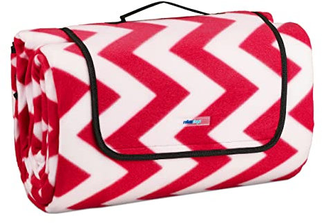Relaxdays XXL Picknickdecke, 200x300 cm, isolierte Unterseite, Tragegriff, Fleece Stranddecke, Zickzack, weich, rot/weiß