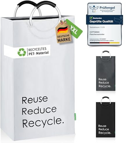COTTARA® Pfandflaschen Sammelbehälter xxl – Pfandbehälter verschließbar aus recyceltem Material – Flaschensammler Leergut zur Flaschenaufbewahrung oder recycling Behälter – weiß 75L