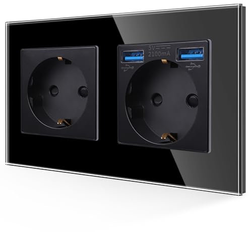 JIMEIDA Enchufe Doble con USB en Negro, Enchufes Schuko de Cristal de 16A con Conexión USB de Carga Rápida Max.2.1A, Enchufe de Pared de Montaje Empotrado-157 * 86mm, 250V, 2 compartimento