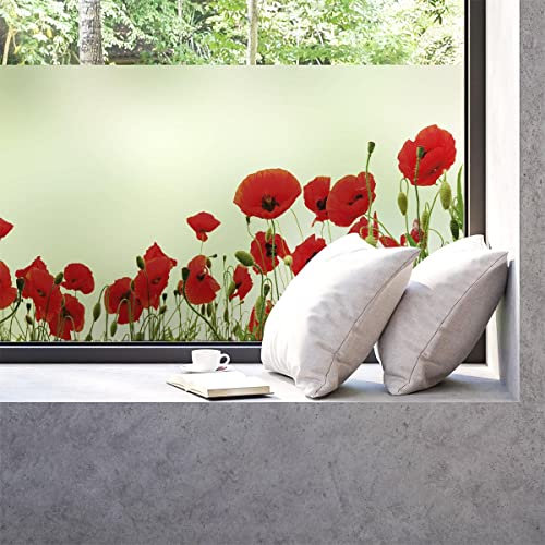 Fensterfolie, blickdicht, Motiv: Mohnblumen, Aufkleber für Fenster & Duschtür, 40 x 100 cm