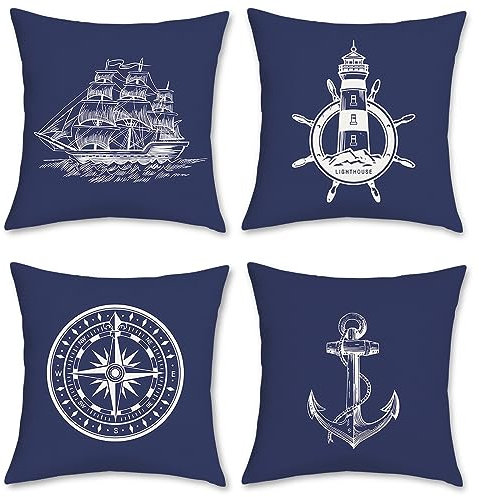 Bonhause 4er Set Kissenbezüge Nautisch Maritim 50 x 50 cm Doppelseitig Anker Kompass Segelboot Polyester Leinen Dekorative Kissenhülle Zierkissenbezüge für Sofa Wohnzimmer Zuhause Dekoration