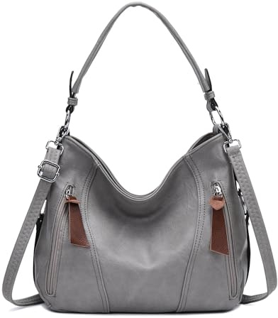 ITALYSHOP24 OBC Damen Tasche Shopper Hobo-Bag Schultertasche Leder Optik Umhängetasche Handtasche Crossover Reisetasche Beuteltasche Handtasche Hellgrau