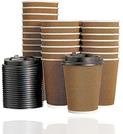 AmazCups Ripple Coffee Paper Cups -12oz Disposable Coffee Cups with lids, 25 Pcs Heavy Duty Kraft 3 Ply Insulated Coffee Cup for Hot & Cold Drinks,Takeaway Coffee Cups for Home,Office,Travel,Parties