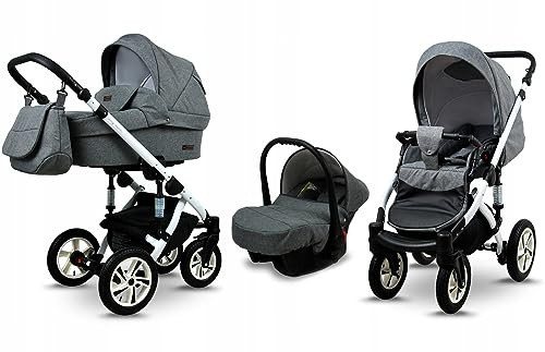 BabyLux® Kinderwagen Set 3 in 1 - Sky Lark - incl. Babywanne, Buggy Sportsitz, Auto-Babyschale - Autositz - Kinderwagenset - Kombikinderwagen mit Wickeltasche, Regenschutz usw.