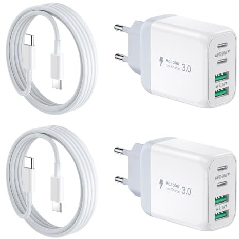 [2 Pack] Cargador de Pared USB-C, Adaptador de Corriente de 40W 4Port QC+PD 3.0, Enchufe de Pared rápido Dual con Cable USB C a USB C de 2M para iPhone 15 Pro Max/14/13, Samsung Galaxy, Pixel-Blanco