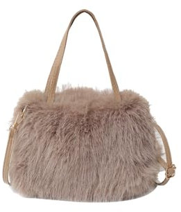 Ulisty Damen Klein Kunstfell Fuchs Pelz Tote Tasche Mini Pelzige Henkeltaschen Plüsch Schultertasche Umhängetasche Handtasche khaki