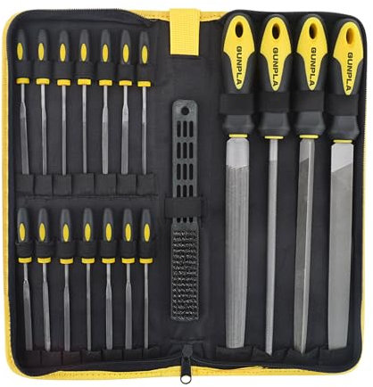 Gunpla 19-teiliges Feilen-Set, lange Metallfeilen-Set, Raspel-Nadel, flach, quadratisch, dreieckig, rund, rutschfest, Gummi, ergonomischer Griff, professionelle DIY-Werkzeuge mit Kupferbürste zum