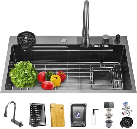 NOYHHAV Fregadero de cocina en cascada, gris plomizo, de acero inoxidable 304,con grifo mezclador extraíble, fregadero grande de una sola cubeta para cocina con accesorios de fregadero 81 x 50 x 21cm