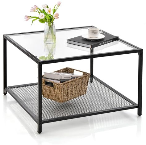 COSTWAY Square Coffee Table, Tempered Glass Sofa Side Table with Adjustable Foot Pads, Metal Frame Accent Center Table for Living Room Bedroom Office (with Mesh Shelf, Transparent+Black)