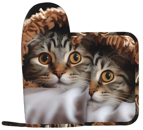 Ofenhandschuhe und Topflappen mit Katzenmotiv, rutschfest, hitzebeständig, Küchenhandschuhe und heiße Pads für Küche Kochen