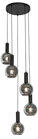 Qazqa - Art Deco Art Deco Hängelampe I Pendellampe I Pendelleuchte schwarz mit Rauchglas rund 5-flammig - Josje I Wohnzimmer I Schlafzimmer - Rund - LED geeignet E27