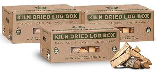 Green Olive Firewood - Kiln Dried Hardwood Logs - Kindling Wood with Eco carboard packaging - Logs for Fire Pit - Pizza Oven Wood - Fire wood less than 20% moisture (3 Boxes | 60L)