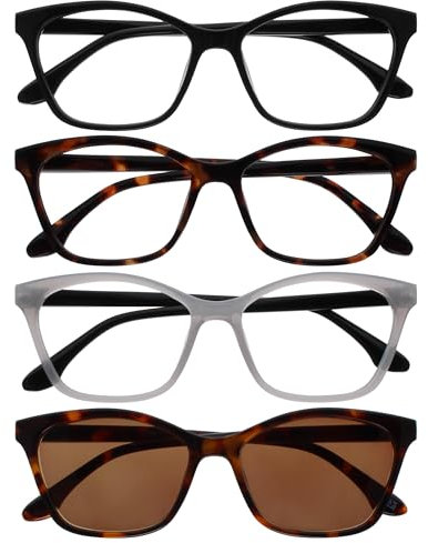 OPULIZE KAT Lese- & Sonnenleser - 4er-Pack - Cat-Eye Katzenaugen-Fassung - Schwarz, Braun, Grau, Braun - Herren & Damen - Federscharniere - RRRS59-1272 - +3.50
