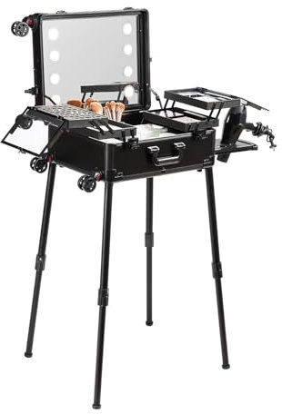 VEVOR Mallette de Maquillage avec Serrure, Miroir, 4 Plateaux de Rangement, Porte-pinceaux, Trousse Valise Boîte de Rangement Cosmétiques à Roulettes Pivotantes 360° sur Pied pour Studio d'Artiste Pro