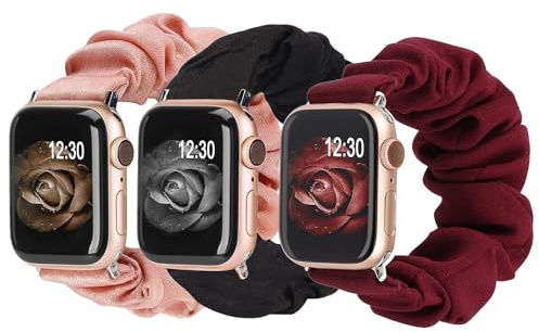 Wearlizer Pack 3 Compatible with Scrunchie Apple Watch Strap 41mm 40mm 38mm, Cloth Soft Pattern Printed Fabric Replacement Bands for iWatch Series SE 9 8 7 6 5 4 3 2 1 (Black/Pink/Wine Red, S/M)