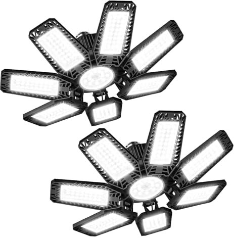 YIQIBRO Luz de Garaje LED Lampara - Luz LED Garaje 35W 3500LM 6500K 2 Piezas con 7+1 Paneles Deformables Lamparas de Techo E27/E26 para Taller, Sótano