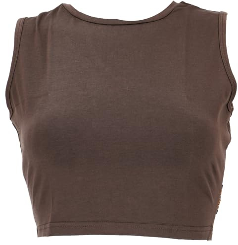 GURU SHOP Kurzes Top, Bedrucktes Yoga Top, Yogatop aus Bio-Baumwolle - Taupe, Damen, Size:S