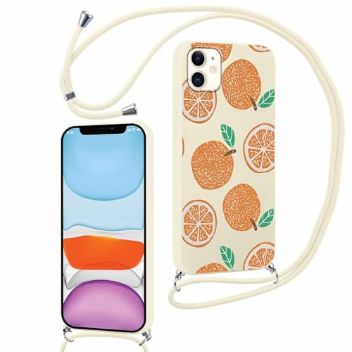 Kueqeay Funda Mate con Cuerda para iPhone 11 6,1, Aesthetic Dibujos Carcasa con Ajustable Cordón Correa Colgante Suave Silicona Case Antichoque TPU Bumper Protectora Cover, Naranja