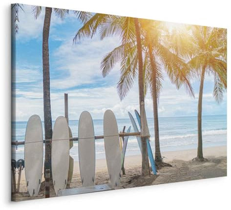 murando - Wandbilder XXL Summer Vibes 90x60 cm 1 tlg Wand Deko Leinwand Bilder Groß Wanddeko Wohnzimmer Schlafzimmer Kunstdrucke Feiertage Sommerlandschaft Sommer Surfbretter Palmen c-B-10234-b-a