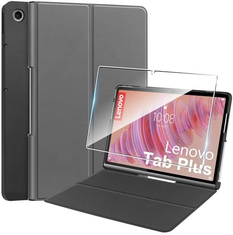 Case for Lenovo Tab Plus 11.5 Inch (2024) Tablet Case Cover + 1 Piece Protective Glass Screen Protector, Ultra Slim Super Light Triple Fold Folding Protective Case – Grey