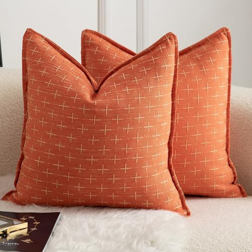 Mandioo 2er Set Kissenbezug Hanftuch Weben Textur Modern Bauernhaus Kissenbezüge Kissenhülle Dekorieren Zierkissenbezug Sie Wohnzimmer Sofa Schlafzimmer Bett 65x65cm Orange