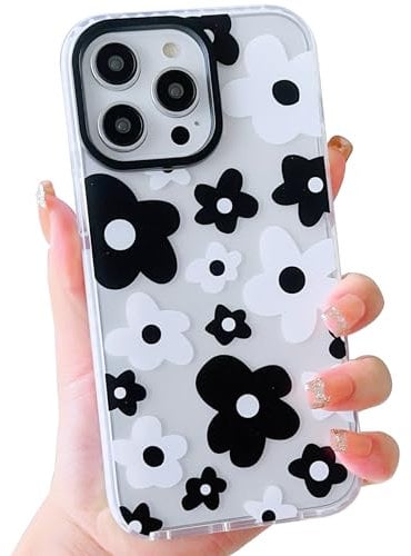 ECZOIL Compatible for iPhone 14 Pro Case,Cute Clear Black and White Flower Cartoon for Women Girl Soft TPU Shockproof Anti-Yellow Protective Phone Case for iPhone 14 Pro-Black and White Flower