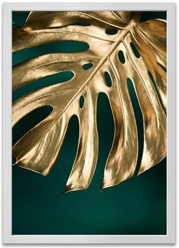 ARTFAVES® Poster - Monstera Gold Grün | Wanddeko Wandbild Fotografie Abstrakt | mit Rahmen Weiss | 30 x 40 cm