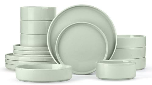 Herogo 16-teiliges Teller- und Schüssel-Set, Porzellan-Geschirr-Sets mit Nudelschalen, Küchengeschirr für 4 Personen, splitter- und kratzfestes Geschirr, gesprenkelt, Hellgrün