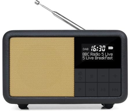 LEMEGA CR7 Radio portátil Mini DAB+ con Bluetooth (batería con hasta 12 horas de autonomía, FM, IPX4 resistente al agua, funda de madera, superficie de cuero, cordón, reloj despertador, temporizador