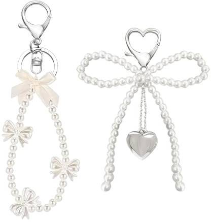 Lilbitty 2 Stück Cute Bow Pearl Schlüsselanhänger Damen, Modische Schlüsselanhänger Für Tasche Und Auto, Goldene Charms Anhänger,