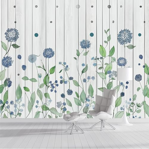 Wandtapete Weiße Holzwand Fototapete, Blaue Wildblumen Dekoration Wand-Dekor, 400 x 280 cm (B x H) Tapete Panorama Poster Für Mädchen, Jungs Schlafzimmer Wohnzimmer