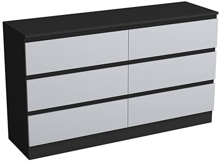 URBNLIVING Modern Black Wooden Chest with Grey 6 Drawers for Bedroom or Office Storage Versatile Bedside Table and Stylish Cabinet for Organizing Clothes Accessories Work Place Supplies and Items