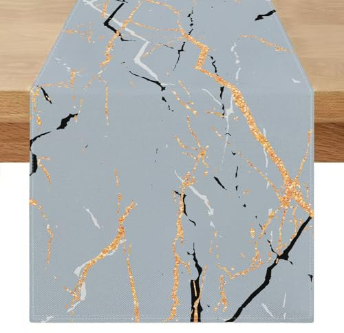 40 x 140 cm Tischläufer Modern Grau Weiß Tisch Läufer Leinen Marmor Goldene Textur Abstrakte Kunst Waschbarer Tischläufer Vintage für Frühling Sommer Esszimmer Küchentisch