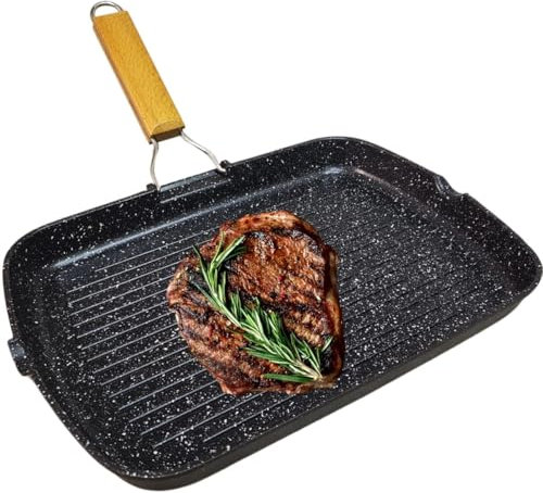 Sunrise Bistecchiera Antiaderente Induzione Griglia Anti Aderente Piastra Grill Piano 36 x 24 cm Pieghevole Bordo a Versare Piastra per Cucinare sui fornelli in Alluminio Pressofuso (Fondo Induzione)
