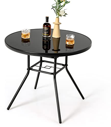 COSTWAY Table de Jardin Ronde 86 CM en Verre Trempé, Table d'Appoint d’Extérieur avec Trou pour Parasol de 3,5 cm Cadre en Métal, Table de Salle à Manger pour Patio Piscine Terrasse