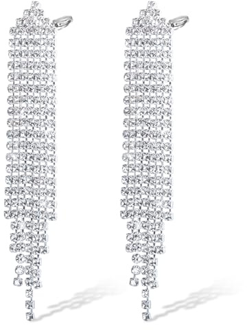 Rhinestone Tassel Earrings for Women, Kucheed Sparkly Silver Drop Dangle Earrings Long Crystal Chandelier Earring, Lightweight Trendy Diamond Ear Studs Fringe Dangling Jewelry for Wedding Prom Party
