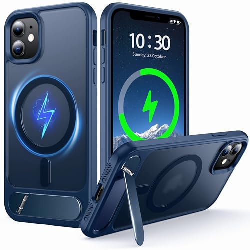NJROW Magnetic Stand for iPhone 11 Case Compatible with MagSafe Blue | [Stand & Wireless Charging 2in1] [Flush Hidden Kickstand] [Military Shockproof] Slim Translucent Matte,Blue