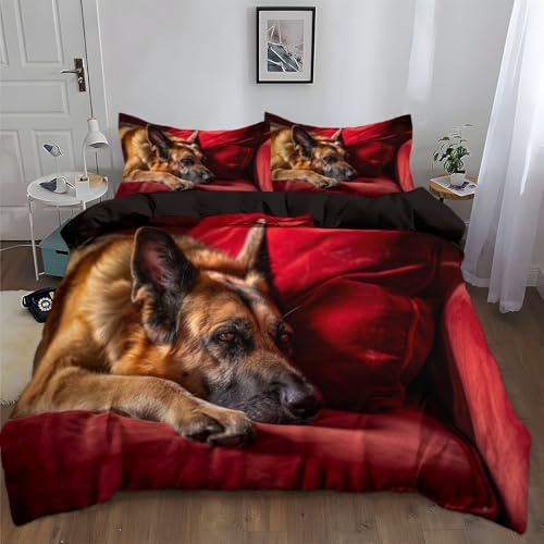 CozyRest Bettbezug 135 x 200 cm Alter Deutscher Schäferhund Muster 3 Teilig Bettwäsche-Sets Weich mit 2 mal Kissenbezüge 80x80 cm, Bügelfrei Dunkelrotbraun Bettbezug für Allergiker geeignet