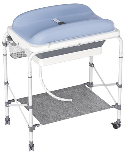 HENGMEI Baby Wickeln 88X52X101cm Klappbarer Wickeltisch mit Badewanne Wickelaufsatz Mobiler Wickelkommode mit Rädern Wickelstation Höhenverstellbar mit Aufbewahrungskorb Bade Wickelkombination