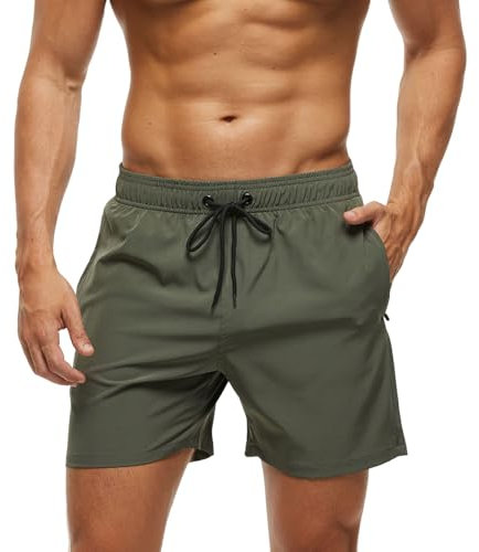 Bañador Hombre Secado Rápido Traje de Baño Hombre Bolsillo Cremallera Bañadores Short de Playa Surf Piscina Natación Impermeable Pantalones Cortos Forro Malla y Cordón M Verde Militar