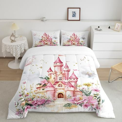 Feelyou Mädchen-Schloss, Bettdecken-Set, Doppelgröße, für Kinder, Teenager, Mädchen, Damen, rosa Schloss, verträumtes Bettwäsche-Set, ultraweich, Märchen-Motiv, Steppdecke, Blumen, Garten, Prinzessin