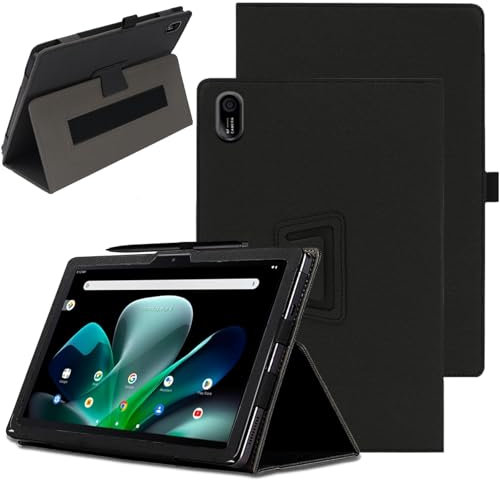 carinacoco Case for Acer Iconia Tab M10 10.1 inch, Full Coverage Premium Leather Folio Folding Stand Anti-Drop Tablet Protective Cover, with Pencil Holder and Wrist Strap Tablet Cover, Black