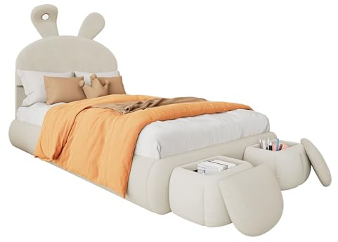 Azkoeesy Hasenform Kinderbett Polsterbett mit 2 Stauraum Hocker, mit Nachtlicht, mit Lattenrost, Cartoon-Design, Einzelbett, Jugendbett, Samtstoff-Beug, 90x200 cm, beige