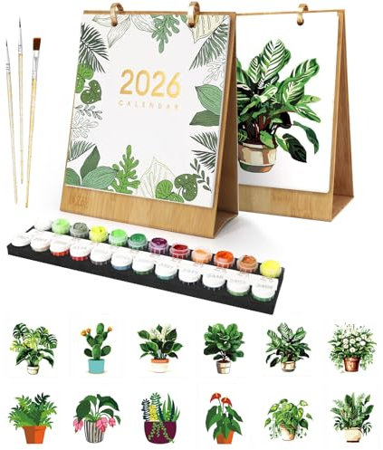 Tischkalender 2026, Malen Nach Zahlen Blume Kalender Tischkalender, DIY Tischkalender 2026 zum Aufstellen, mit Pinsels Acrylfarbe und Base für Geschenke und Home Haus Deko-02-Grüne Pflanzen