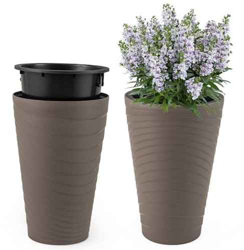 COSTWAY Lot de 2 Pots à Plantes de 45 cm (Brun) | Jardinières Modernes avec Seau Intérieur Poignée Trous de Drainage, Pots de Fleurs Ronds Texturés en Spirale pour Jardin Cour